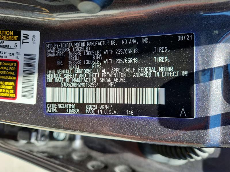 Aukcja sprzedaży 2021 Toyota Highlander, vin: 5TDGZRBH2MS152554, numer aukcji: 56261066