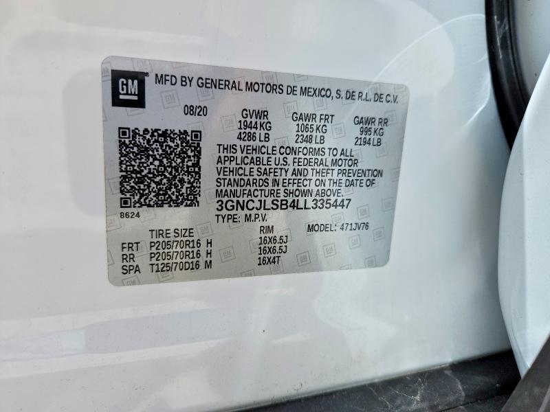 57457166 :رقم المزاد ، 3GNCJLSB4LL335447 vin ، 2020 Chevrolet Trax مزاد بيع