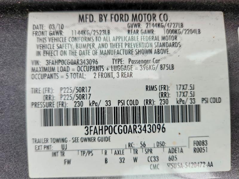Aukcja sprzedaży 2010 Ford Fusion, vin: 3FAHP0CG0AR343096, numer aukcji: 56830476