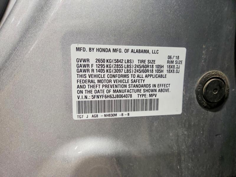 2018 Honda Pilot მანქანა იყიდება აუქციონზე, vin: 5FNYF6H63JB064078, აუქციონის ნომერი: 55654926