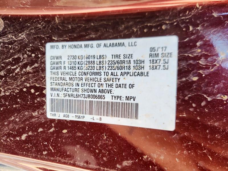 2018 Honda Odyssey მანქანა იყიდება აუქციონზე, vin: 5FNRL6H73JB006865, აუქციონის ნომერი: 59233166