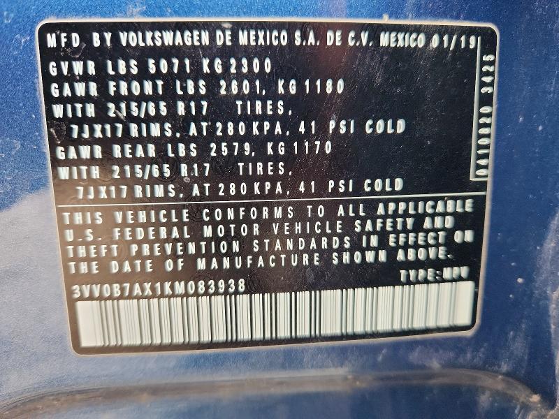 2019 Volkswagen Tiguan მანქანა იყიდება აუქციონზე, vin: 3VV0B7AX1KM083938, აუქციონის ნომერი: 58283796