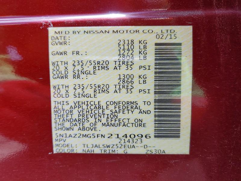 56327376 :رقم المزاد ، 5N1AZ2MG5FN214096 vin ، 2015 Nissan Murano مزاد بيع