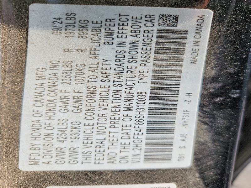 Продаж на аукціоні авто 2025 Honda Civic, vin: 2HGFE4F86SH310038, номер лоту: 55815216