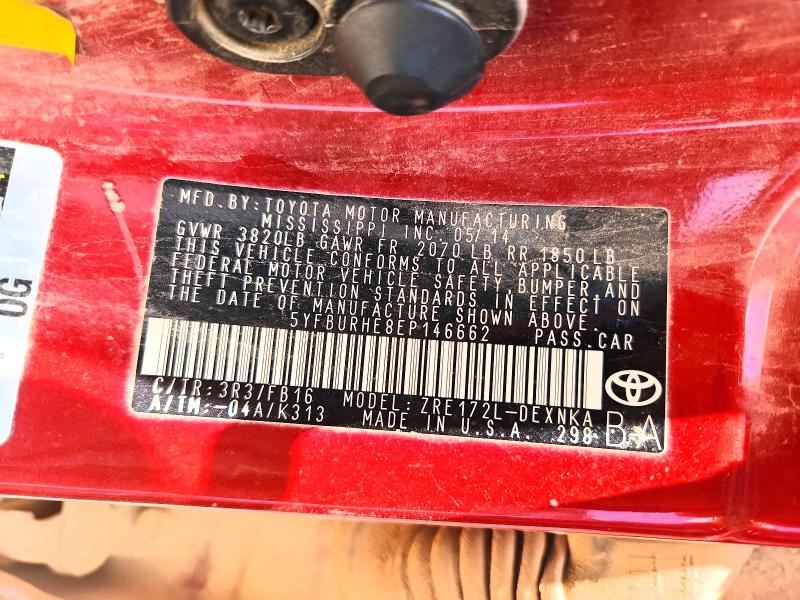 Продаж на аукціоні авто 2014 Toyota Corolla, vin: 5YFBURHE8EP146662, номер лоту: 57561866
