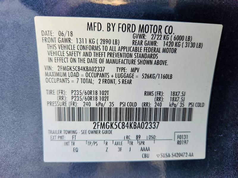 55584856 :رقم المزاد ، 2FMGK5C84KBA02337 vin ، 2019 Ford Flex مزاد بيع