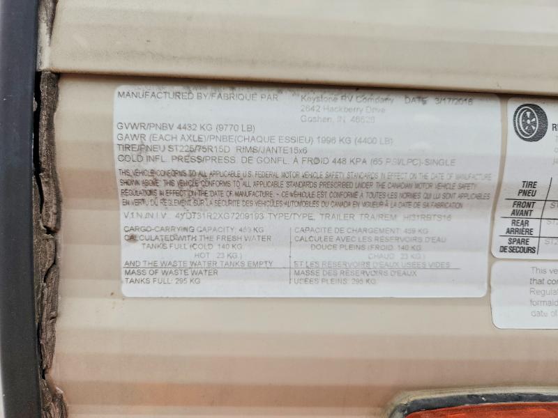 Продаж на аукціоні авто 2016 Keystone Hideout, vin: 4YDT31R2XG7209193, номер лоту: 55491506
