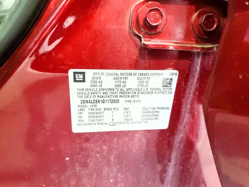 2016 Chevrolet Equinox მანქანა იყიდება აუქციონზე, vin: 2GNALCEK1G1172003, აუქციონის ნომერი: 57655126