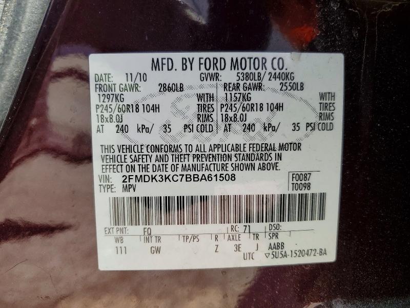 59154946 :رقم المزاد ، 2FMDK3KC7BBA61508 vin ، 2011 Ford Edge مزاد بيع