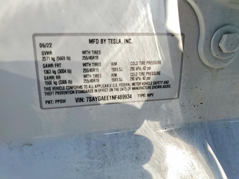 2022 Tesla Model Y მანქანა იყიდება აუქციონზე, vin: 7SAYGAEE1NF489934, აუქციონის ნომერი: 58444246