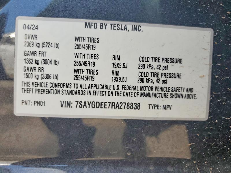 56131946 :رقم المزاد ، 7SAYGDEE7RA278838 vin ، 2024 Tesla Model Y مزاد بيع
