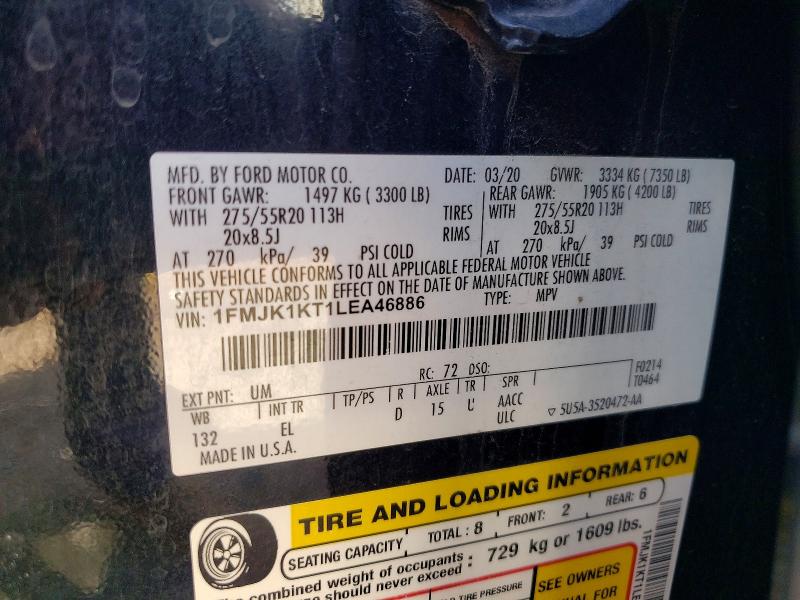 57841106 :رقم المزاد ، 1FMJK1KT1LEA46886 vin ، 2020 Ford Expedition مزاد بيع