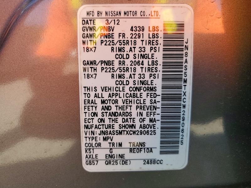 Aukcja sprzedaży 2012 Nissan Rogue, vin: JN8AS5MTXCW290625, numer aukcji: 55607986