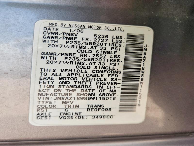 2009 Nissan Murano მანქანა იყიდება აუქციონზე, vin: JN8AZ18W89W115016, აუქციონის ნომერი: 85626525