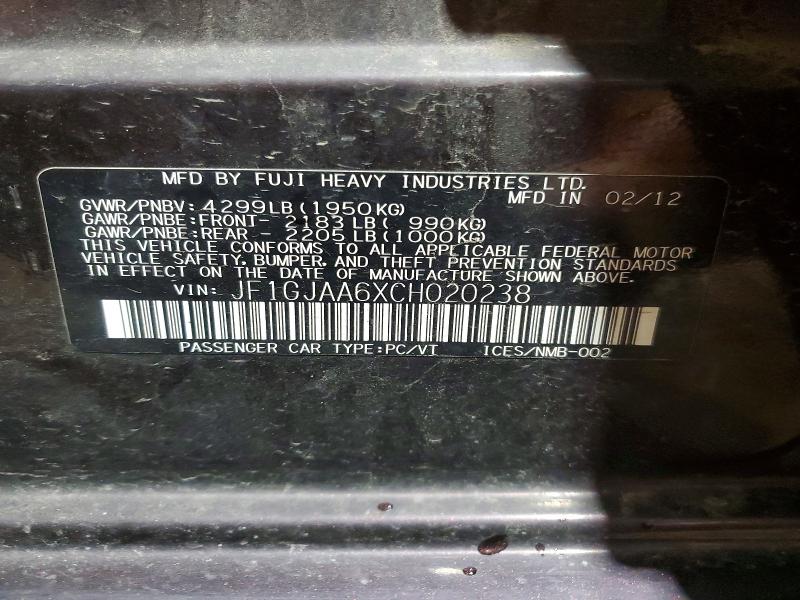 2012 Subaru Impreza მანქანა იყიდება აუქციონზე, vin: JF1GJAA6XCH020238, აუქციონის ნომერი: 56799376