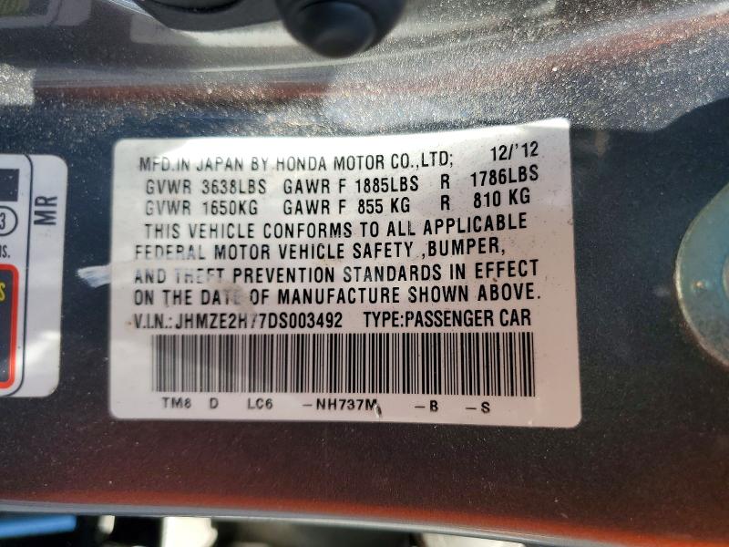 Auction sale of the 2013 Honda Insight, vin: JHMZE2H77DS003492, lot number: 57717376