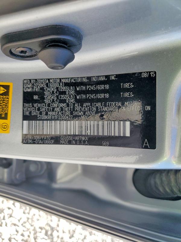 Aukcja sprzedaży 2015 Toyota Highlander, vin: 5TDBKRFH1FS200427, numer aukcji: 57542056