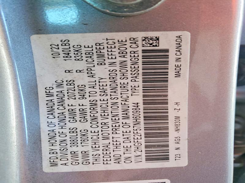 2022 Honda Civic მანქანა იყიდება აუქციონზე, vin: 2HGFE2F57NH609844, აუქციონის ნომერი: 57257606