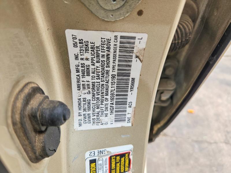 Aukcja sprzedaży 2007 Honda Civic, vin: 1HGFA16597L115190, numer aukcji: 56422176