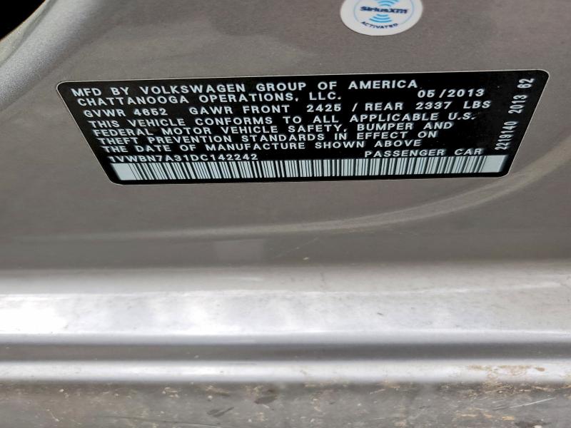 58091196 :رقم المزاد ، 1VWBN7A31DC142242 vin ، 2013 Volkswagen Passat مزاد بيع