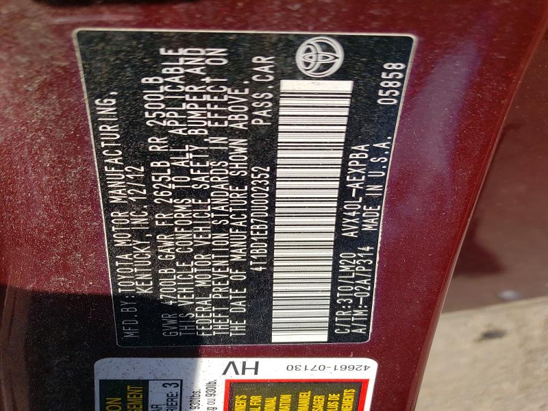 Aukcja sprzedaży 2013 Toyota Avalon Hybrid, vin: 4T1BD1EB7DU002352, numer aukcji: 56276826