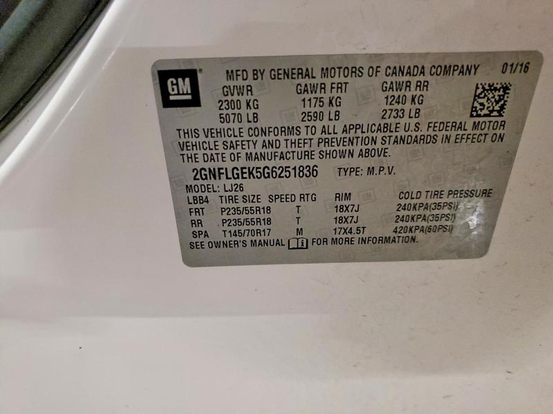 Aukcja sprzedaży 2016 Chevrolet Equinox, vin: 2GNFLGEK5G6251836, numer aukcji: 57744426