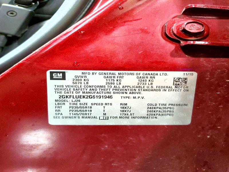 Aukcja sprzedaży 2016 Gmc Terrain, vin: 2GKFLUEK2G6191946, numer aukcji: 55465396