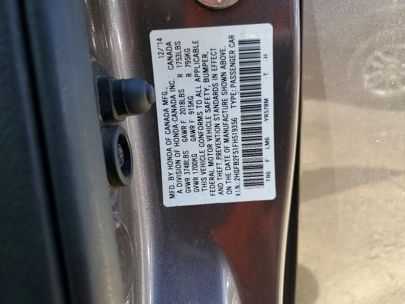 55461026 :رقم المزاد ، 2HGFB2F51FH519356 vin ، 2015 Honda Civic مزاد بيع