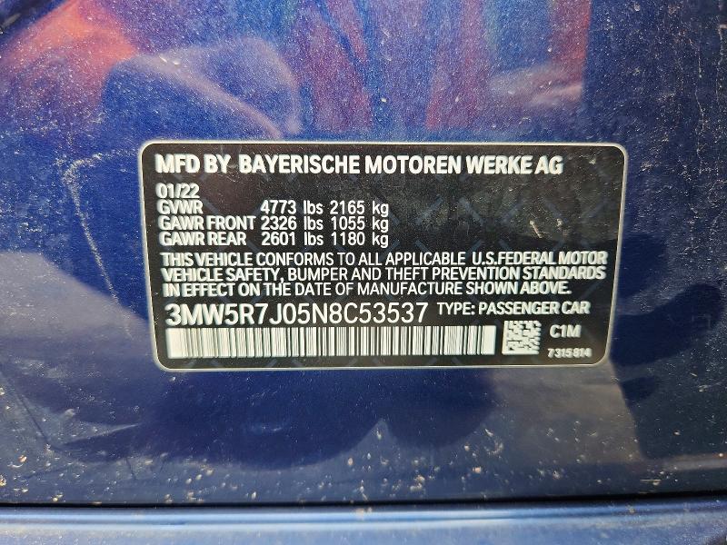 Продажа на аукционе авто 2022 Bmw 330xi, vin: 3MW5R7J05N8C53537, номер лота: 55193326