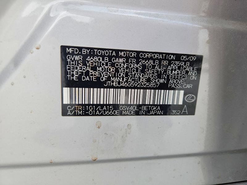 Auction sale of the 2009 Lexus Es, vin: JTHBJ46G592325857, lot number: 58101296