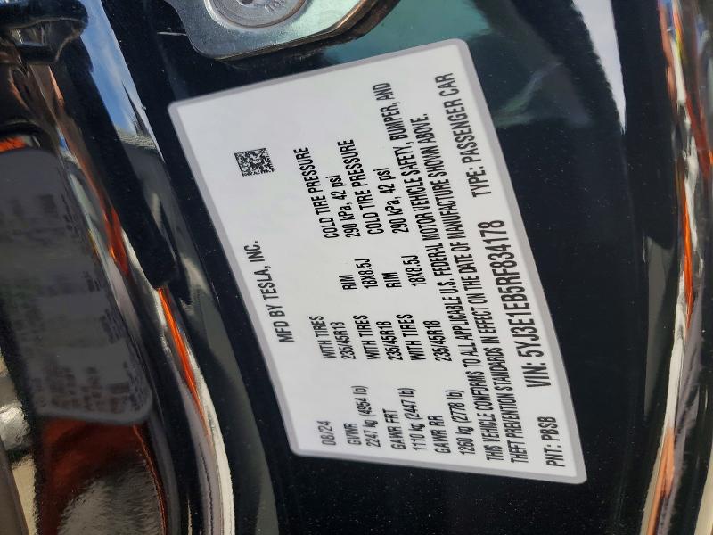 Aukcja sprzedaży 2024 Tesla Model 3, vin: 5YJ3E1EB5RF834178, numer aukcji: 57973106