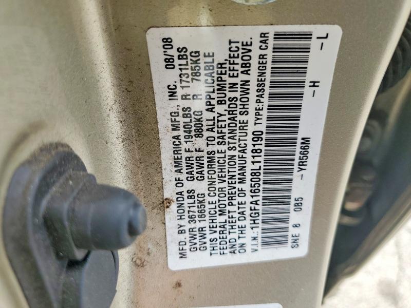 2008 Honda Civic მანქანა იყიდება აუქციონზე, vin: 1HGFA16508L118190, აუქციონის ნომერი: 59168776