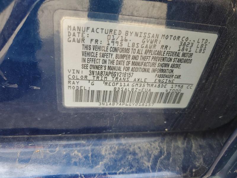 2016 Nissan Sentra მანქანა იყიდება აუქციონზე, vin: 3N1AB7AP6GY218157, აუქციონის ნომერი: 56275306