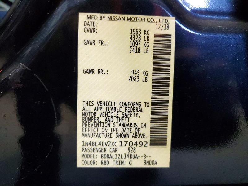 Aukcja sprzedaży 2019 Nissan Altima, vin: 1N4BL4EV2KC170492, numer aukcji: 57783106