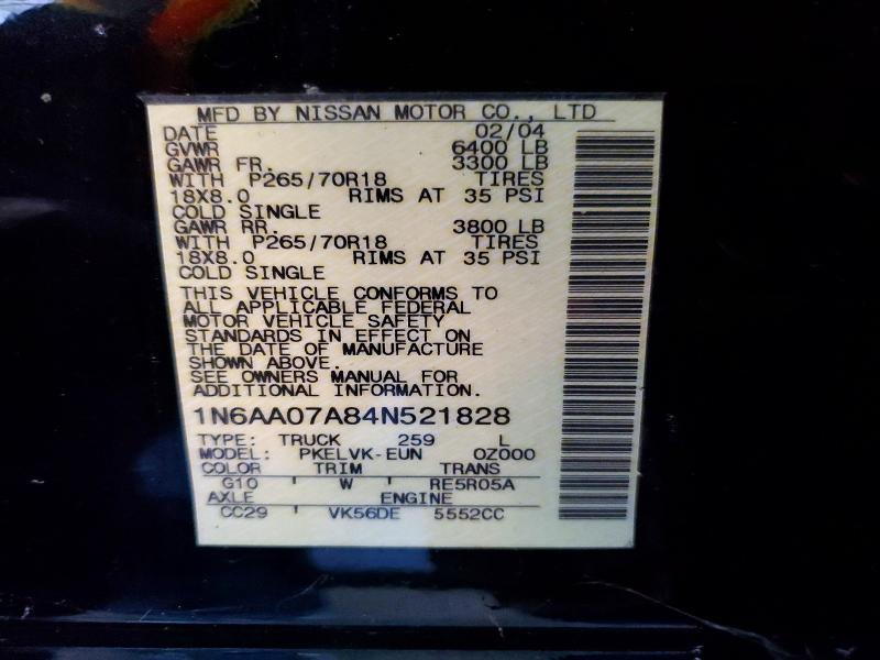 Aukcja sprzedaży 2004 Nissan Titan, vin: 1N6AA07A84N521828, numer aukcji: 55909006