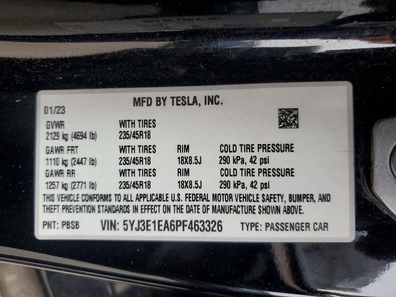 55979356 :رقم المزاد ، 5YJ3E1EA6PF463326 vin ، 2023 Tesla Model 3 مزاد بيع