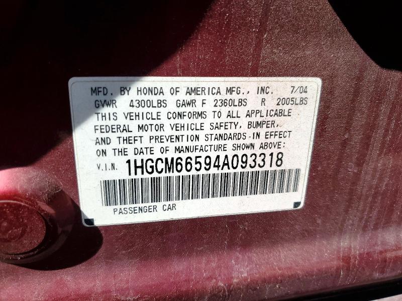 Продаж на аукціоні авто 2004 Honda Accord, vin: 1HGCM66594A093318, номер лоту: 56533456