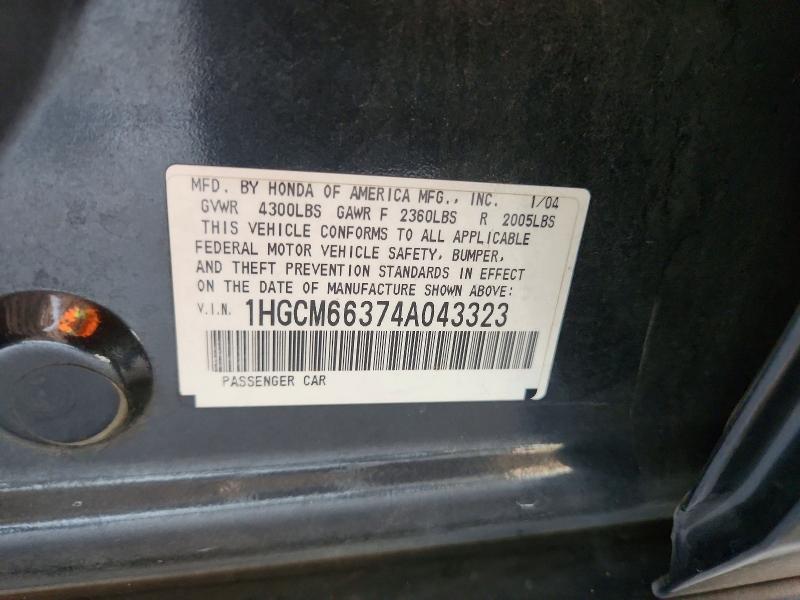 Продаж на аукціоні авто 2004 Honda Accord, vin: 1HGCM66374A043323, номер лоту: 58981526