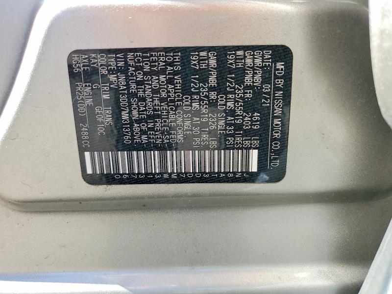 2021 Nissan Rogue მანქანა იყიდება აუქციონზე, vin: JN8AT3DD7MW313760, აუქციონის ნომერი: 57197526
