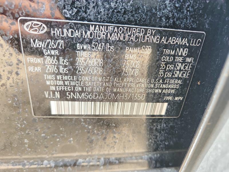 2021 Hyundai Santa Fe მანქანა იყიდება აუქციონზე, vin: 5NMS6DAJ0MH371350, აუქციონის ნომერი: 55763946