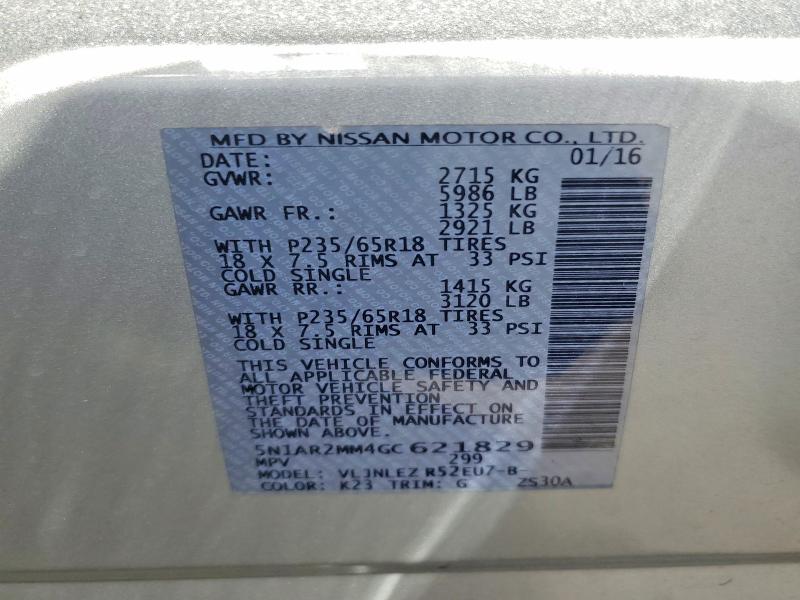 55644656 :رقم المزاد ، 5N1AR2MM4GC621829 vin ، 2016 Nissan Pathfinder مزاد بيع