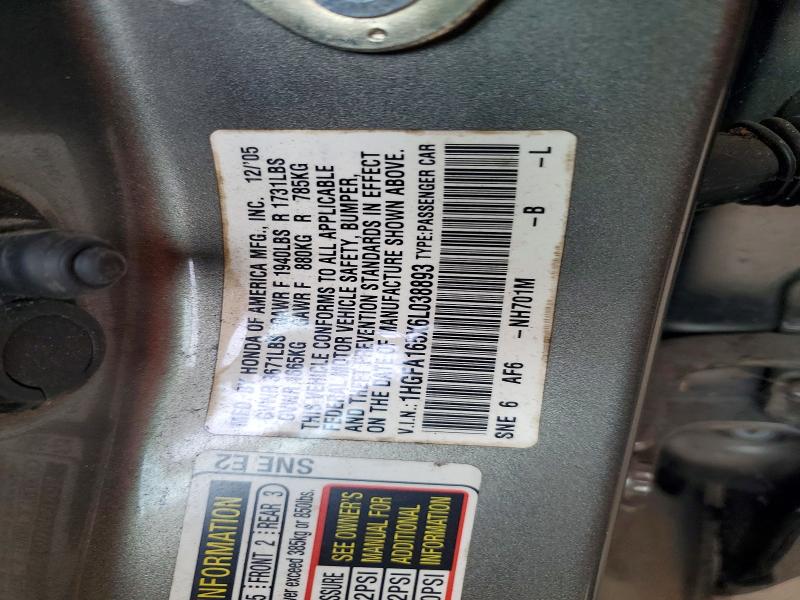 Aukcja sprzedaży 2006 Honda Civic, vin: 1HGFA165X6L038893, numer aukcji: 56260866