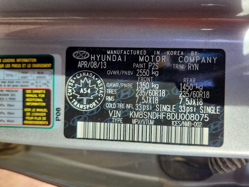 Aukcja sprzedaży 2013 Hyundai Santa Fe, vin: KM8SNDHF8DU008075, numer aukcji: 56849796
