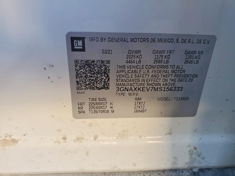 56058726 :رقم المزاد ، 3GNAXKEV7MS156333 vin ، 2021 Chevrolet Equinox مزاد بيع
