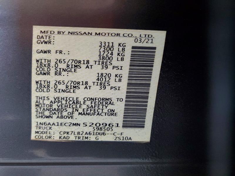 Aukcja sprzedaży 2021 Nissan Titan, vin: 1N6AA1EC2MN520961, numer aukcji: 56504226