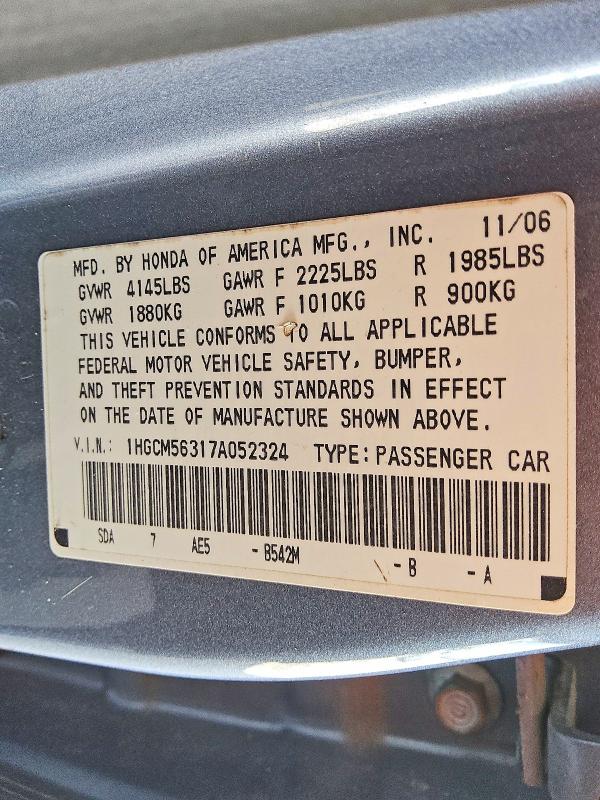 2007 Honda Accord მანქანა იყიდება აუქციონზე, vin: 1HGCM56317A052324, აუქციონის ნომერი: 59290766