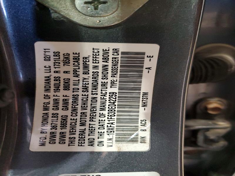 2011 Honda Civic მანქანა იყიდება აუქციონზე, vin: 19XFA1F63BE042259, აუქციონის ნომერი: 55344866