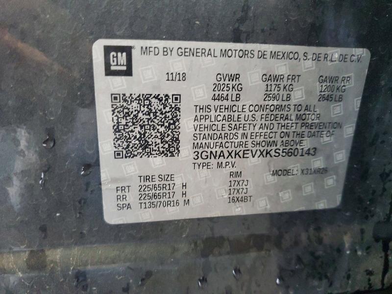 2019 Chevrolet Equinox მანქანა იყიდება აუქციონზე, vin: 3GNAXKEVXKS560143, აუქციონის ნომერი: 56240406