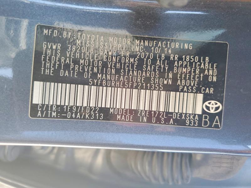 2015 Toyota Corolla მანქანა იყიდება აუქციონზე, vin: 5YFBURHE5FP211355, აუქციონის ნომერი: 57051506