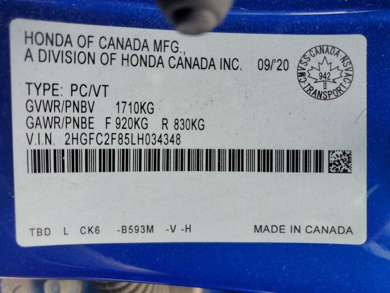 Продажа на аукционе авто 2020 Honda Civic, vin: 2HGFC2F85LH034348, номер лота: 56484306